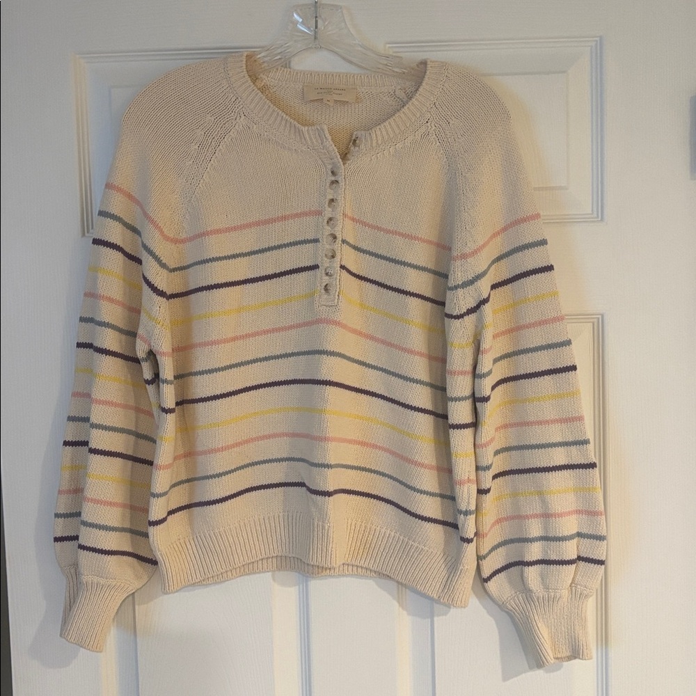 Sezane Cream Striped Henley Sweater with Pastel Stripes